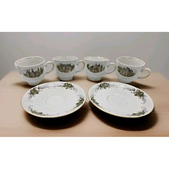 Vintage Original Dutch Castle Bavaria Porzellan Mitterreich 4 Tea Cups 2 Saucers - Picture 1 of 16